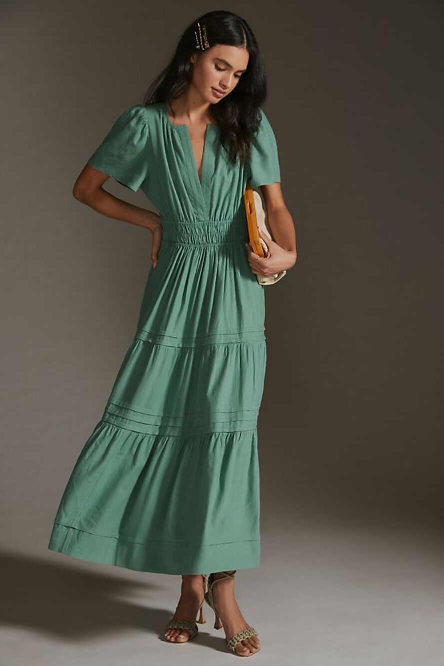 NEW She + Sky Maxi Dress Teal A Line Tiered V Neck Short Puff Sleeve Size M